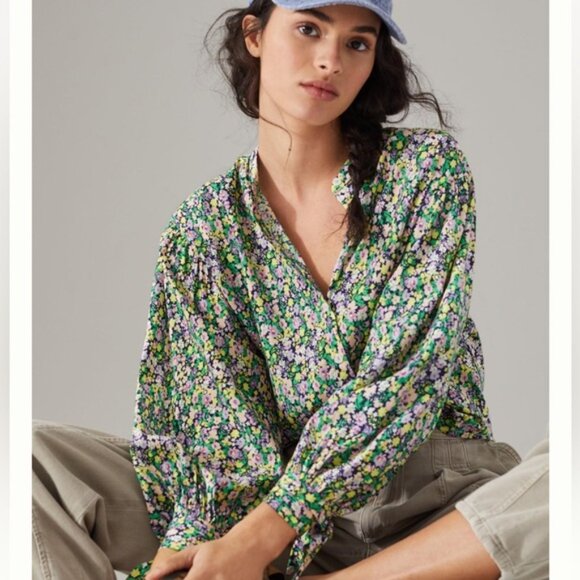 Anthropologie Maeve Ashleigh Floral Puff Sleeved Ties Button Down Oversize Top L - Picture 4 of 16